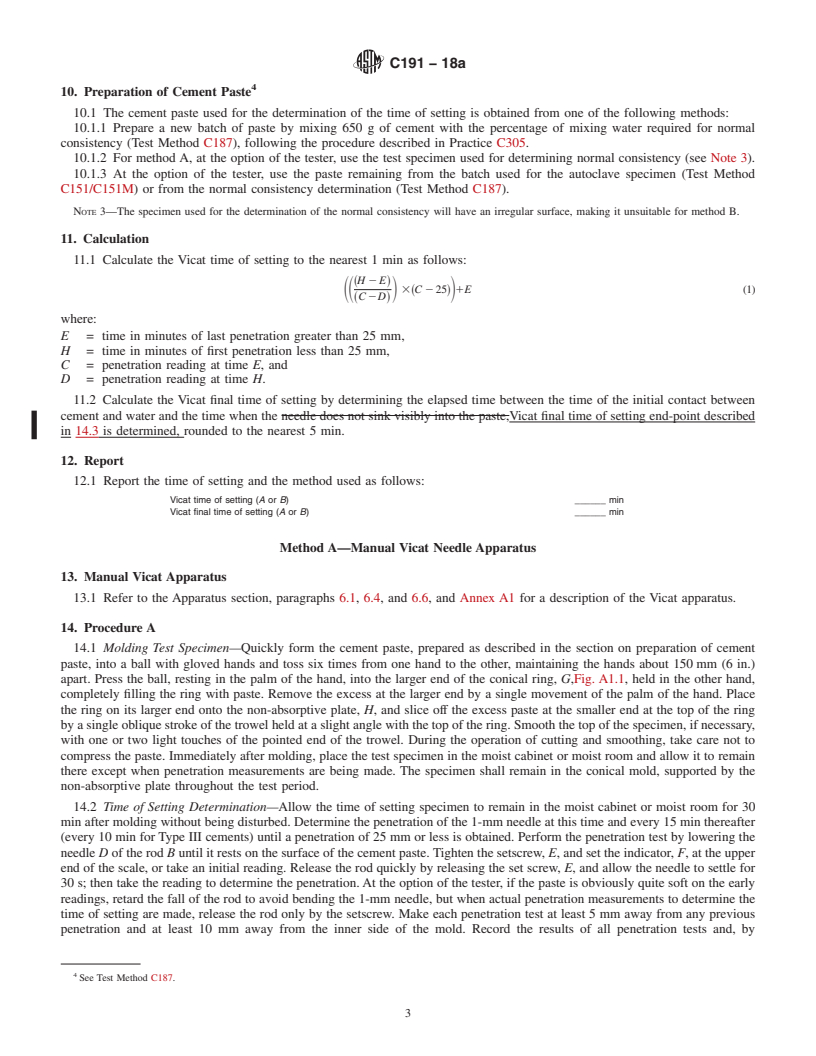 REDLINE ASTM C191-18a - Standard Test Methods for Time of Setting of Hydraulic Cement by Vicat Needle