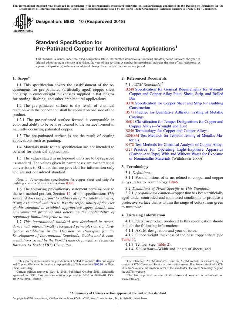 ASTM B882-10(2018) - Standard Specification for Pre-Patinated Copper for Architectural Applications