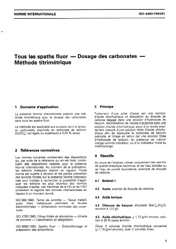 ISO 4283:1993 - Tous les spaths fluor -- Dosage des carbonates -- Méthode titrimétrique