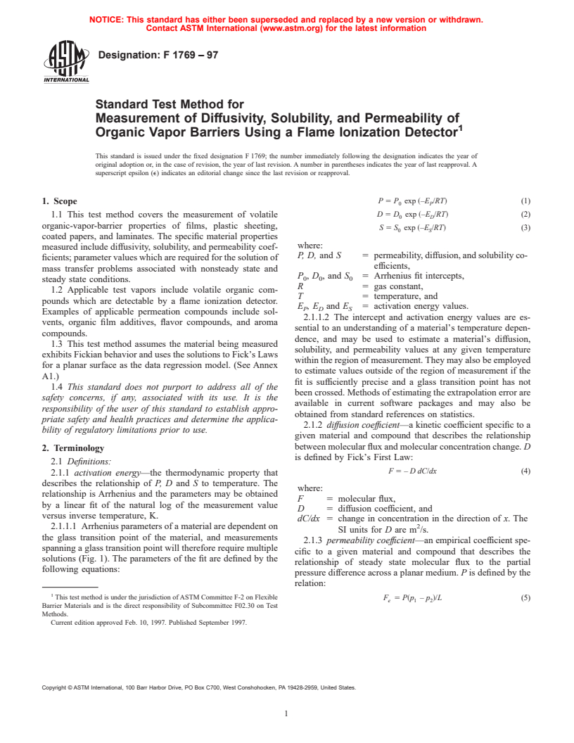 ASTM F1769-97 - Standard Test Method for Measurement of Diffusivity, Solubility, and Permeability of Organic Vapor Barriers Using a Flame Ionization Detector (Withdrawn 2004)