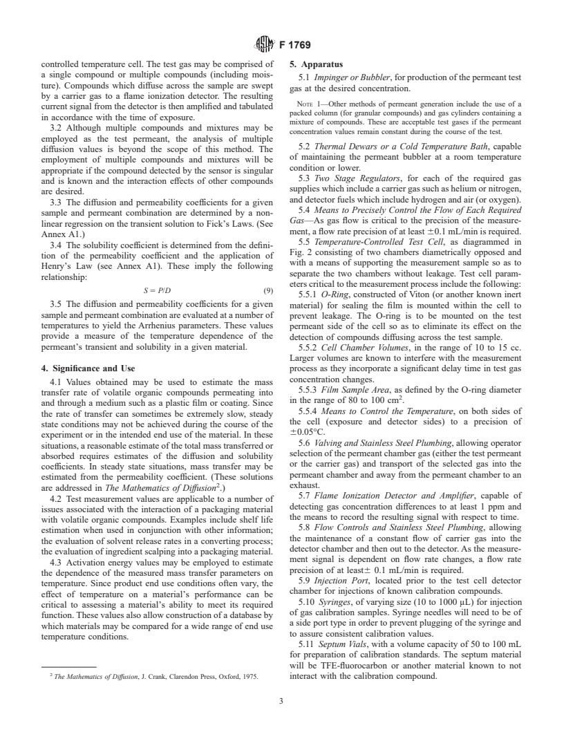 ASTM F1769-97 - Standard Test Method for Measurement of Diffusivity, Solubility, and Permeability of Organic Vapor Barriers Using a Flame Ionization Detector (Withdrawn 2004)