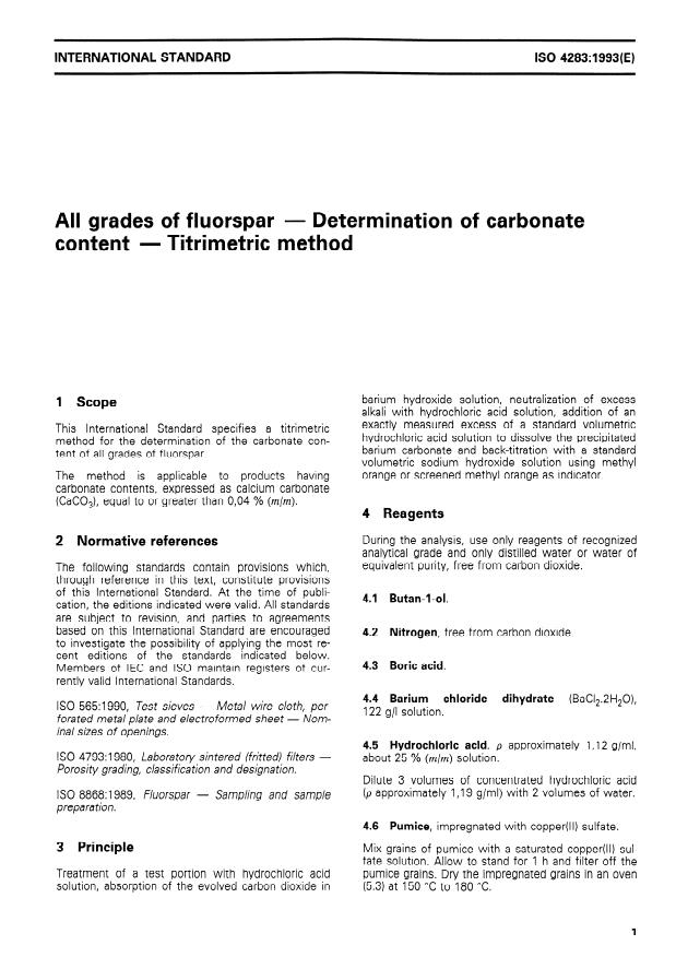 ISO 4283:1993 - All grades of fluorspar -- Determination of carbonate content -- Titrimetric method