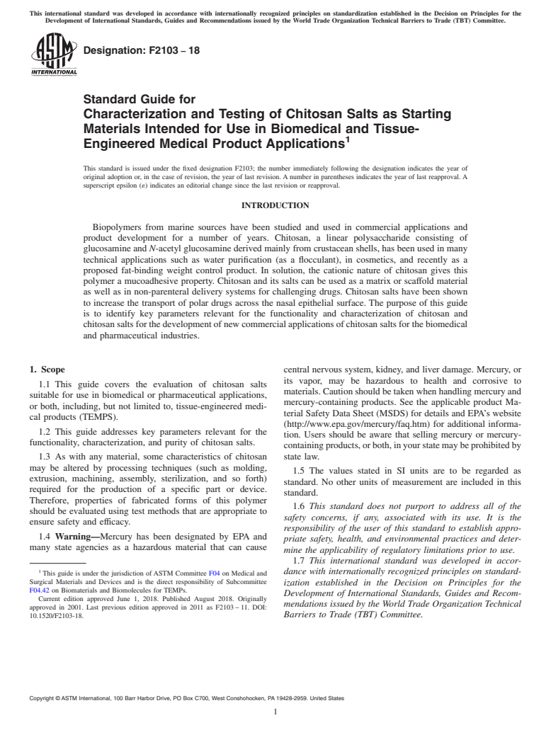 ASTM F2103-18 - Standard Guide for Characterization and Testing of Chitosan Salts as Starting  Materials Intended for Use in Biomedical and Tissue-Engineered Medical  Product Applications