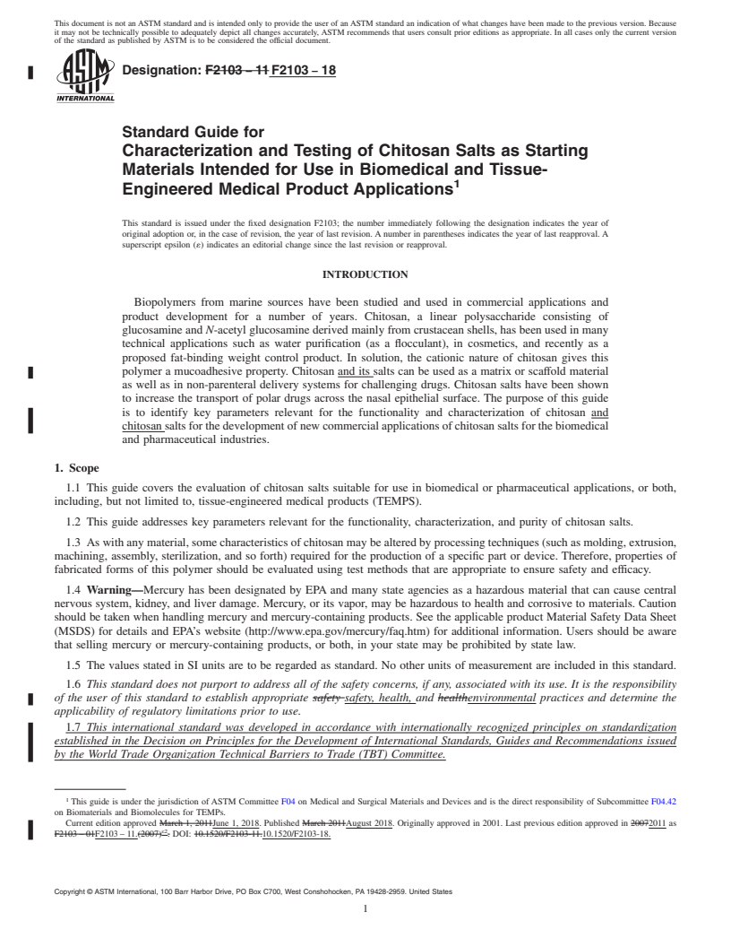 REDLINE ASTM F2103-18 - Standard Guide for Characterization and Testing of Chitosan Salts as Starting  Materials Intended for Use in Biomedical and Tissue-Engineered Medical  Product Applications