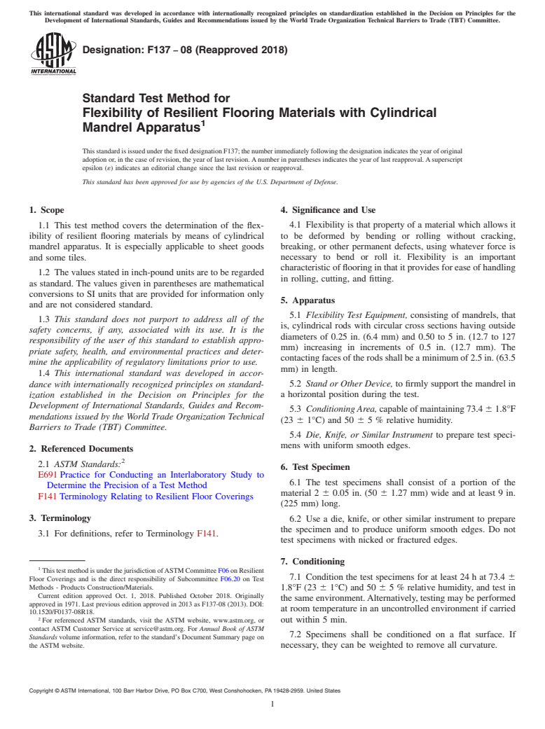 ASTM F137-08(2018) - Standard Test Method for  Flexibility of Resilient Flooring Materials with Cylindrical  Mandrel Apparatus