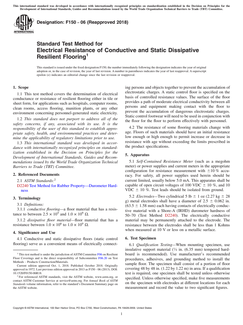 ASTM F150-06(2018) - Standard Test Method for  Electrical Resistance of Conductive and Static Dissipative  Resilient Flooring