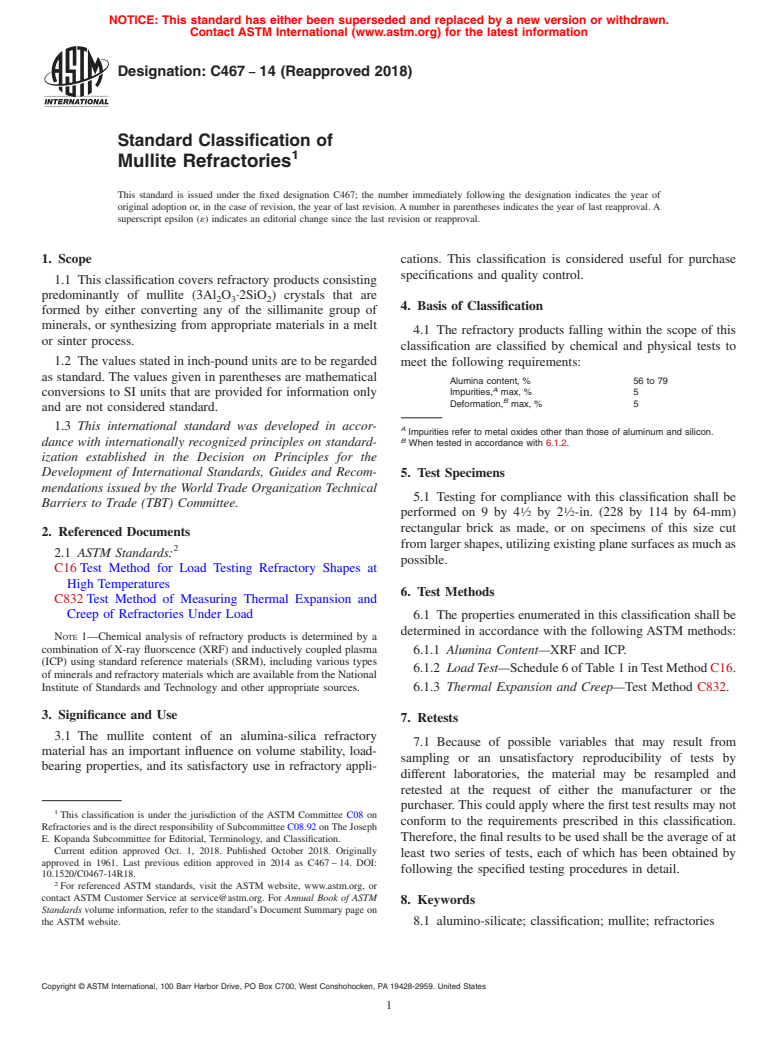 ASTM C467-14(2018) - Standard Classification of  Mullite Refractories