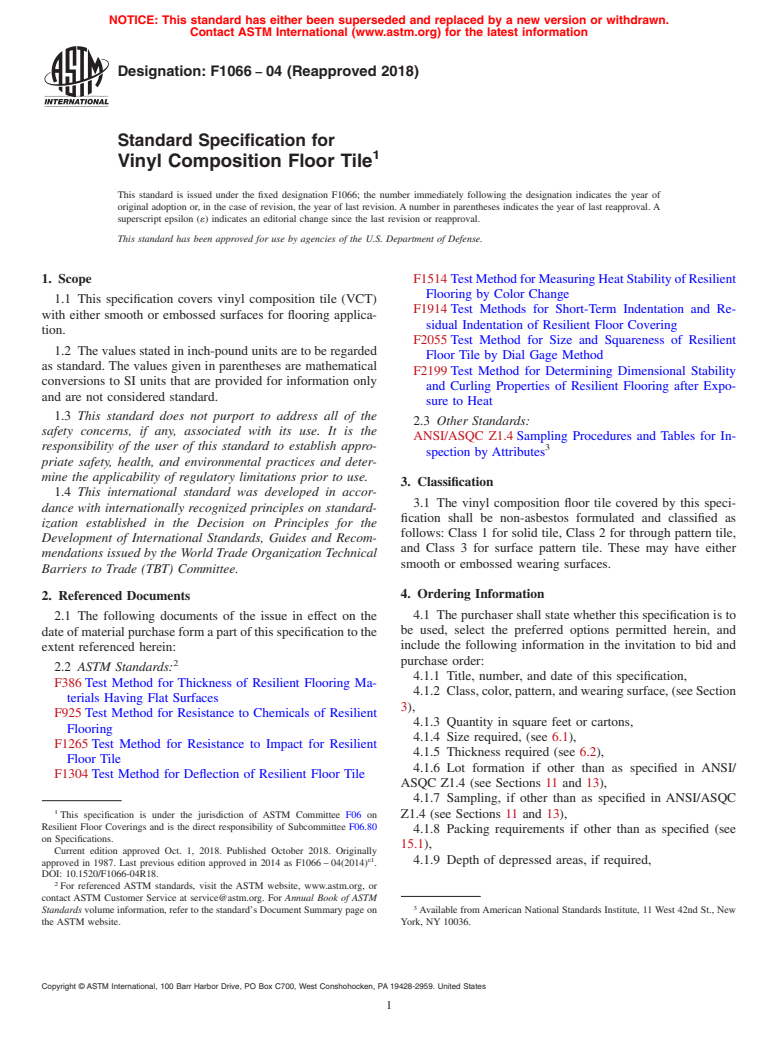 ASTM F1066-04(2018) - Standard Specification for  Vinyl Composition Floor Tile