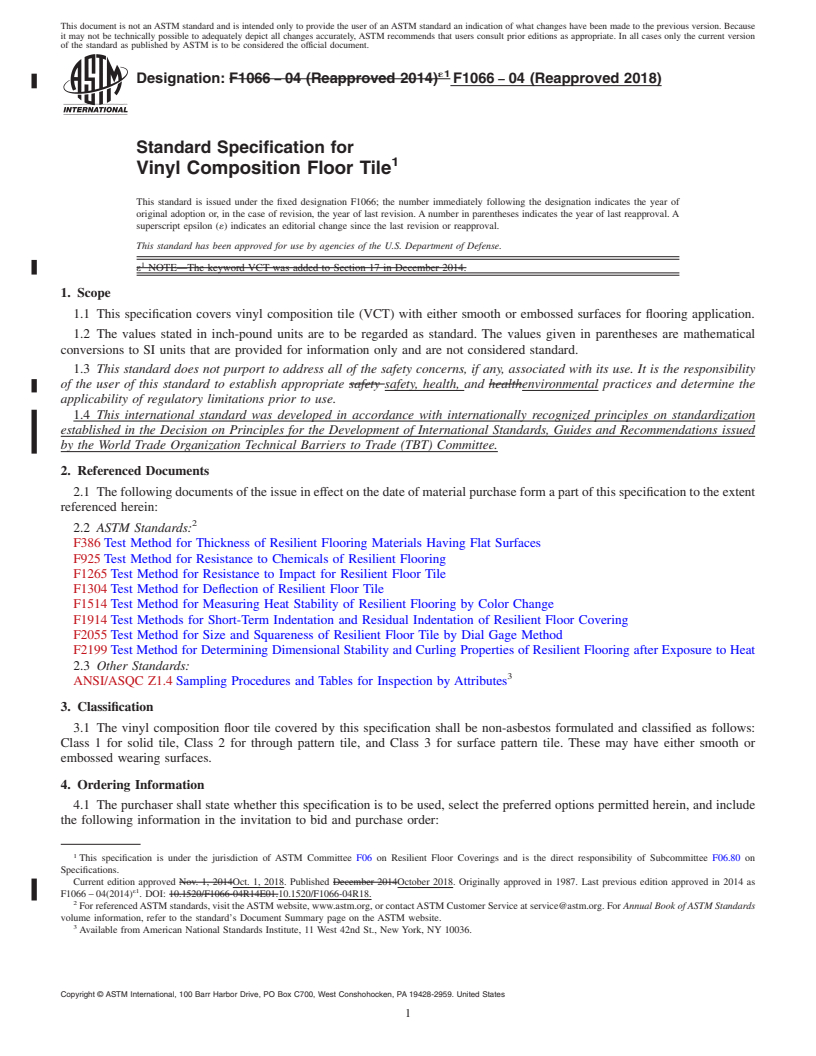 REDLINE ASTM F1066-04(2018) - Standard Specification for  Vinyl Composition Floor Tile