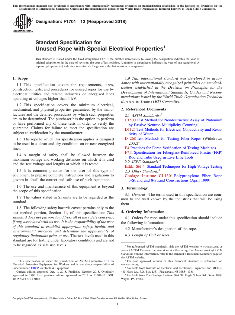 ASTM F1701-12(2018) - Standard Specification for  Unused Rope with Special Electrical Properties