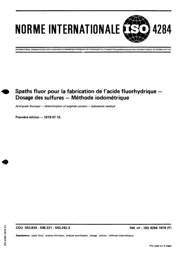 ISO 4284:1978 - Acid-grade fluorspar -- Determination of sulphide content -- Iodometric method