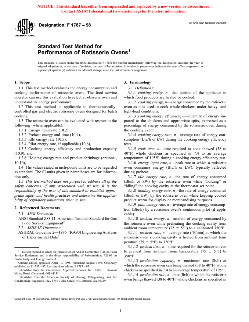 ASTM F1787-98 - Standard Test Method for Performance of Rotisserie Ovens