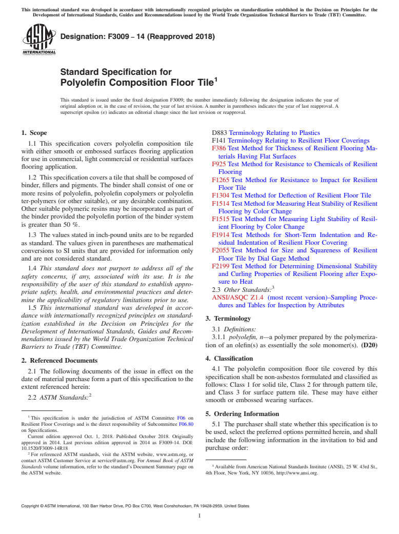 ASTM F3009-14(2018) - Standard Specification for Polyolefin Composition Floor Tile