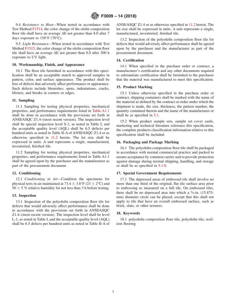 ASTM F3009-14(2018) - Standard Specification for Polyolefin Composition Floor Tile