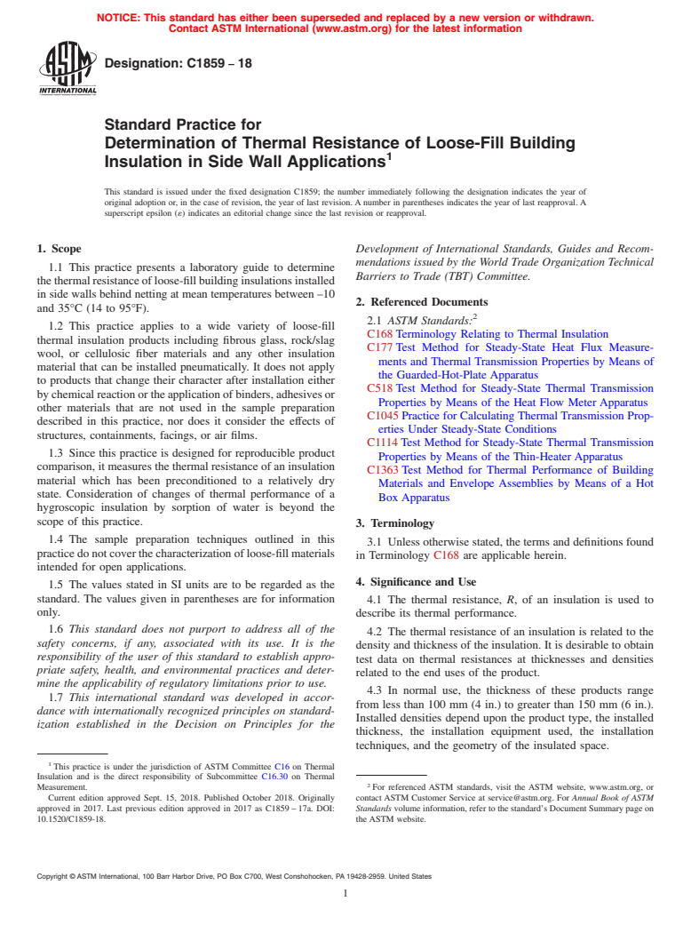 ASTM C1859-18 - Standard Practice for Determination of Thermal Resistance of Loose-Fill Building  Insulation in Side Wall Applications