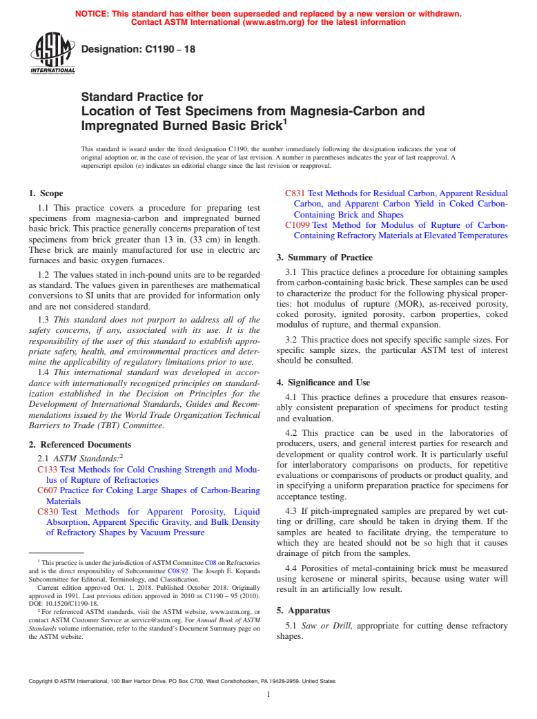 ASTM C1190-18 - Standard Practice for Location of Test Specimens from Magnesia-Carbon and Impregnated   Burned Basic Brick