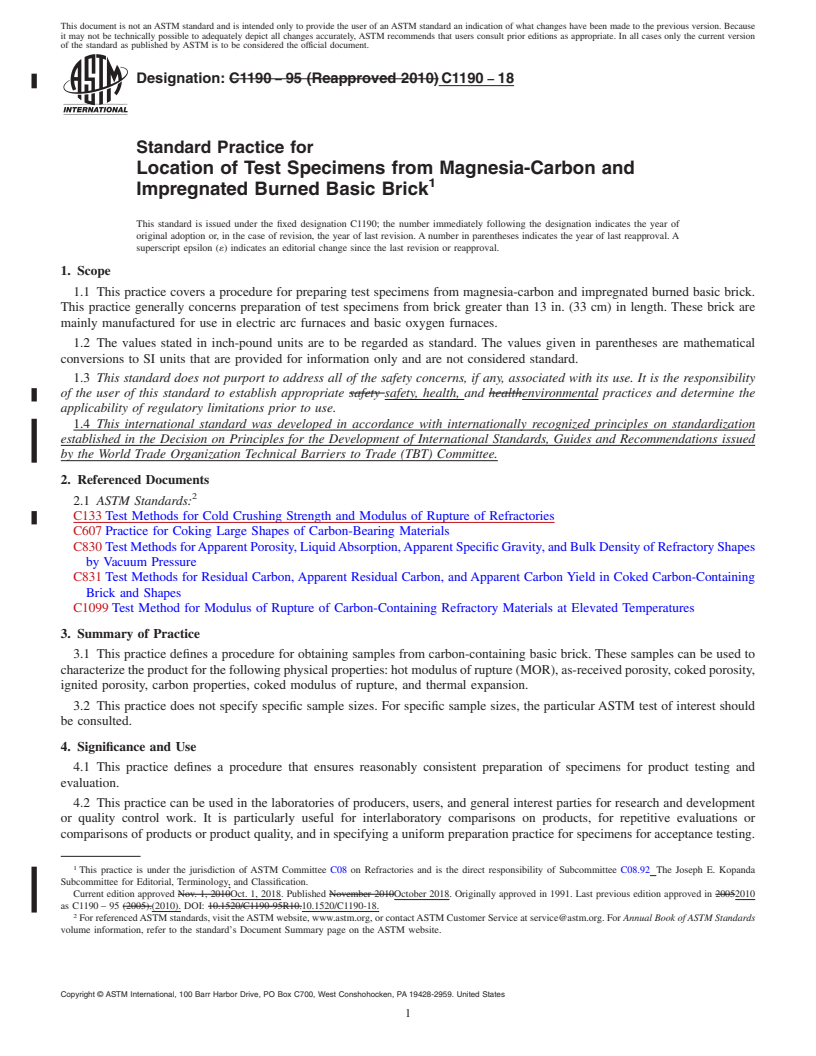 REDLINE ASTM C1190-18 - Standard Practice for Location of Test Specimens from Magnesia-Carbon and Impregnated   Burned Basic Brick