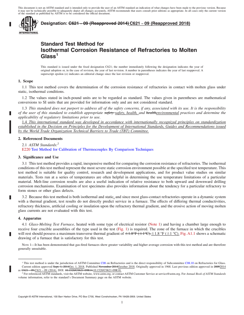 REDLINE ASTM C621-09(2018) - Standard Test Method for Isothermal Corrosion Resistance of Refractories to Molten Glass