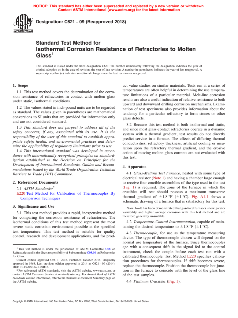 ASTM C621-09(2018) - Standard Test Method for Isothermal Corrosion Resistance of Refractories to Molten Glass