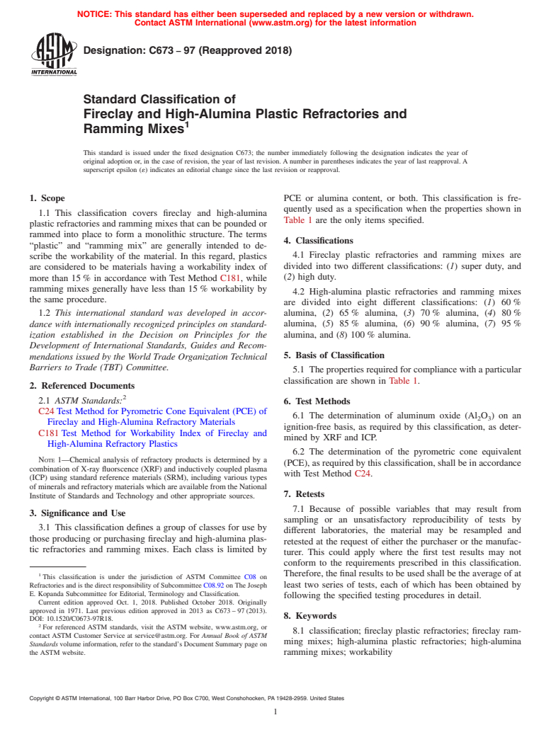 ASTM C673-97(2018) - Standard Classification of  Fireclay and High-Alumina Plastic Refractories and Ramming  Mixes