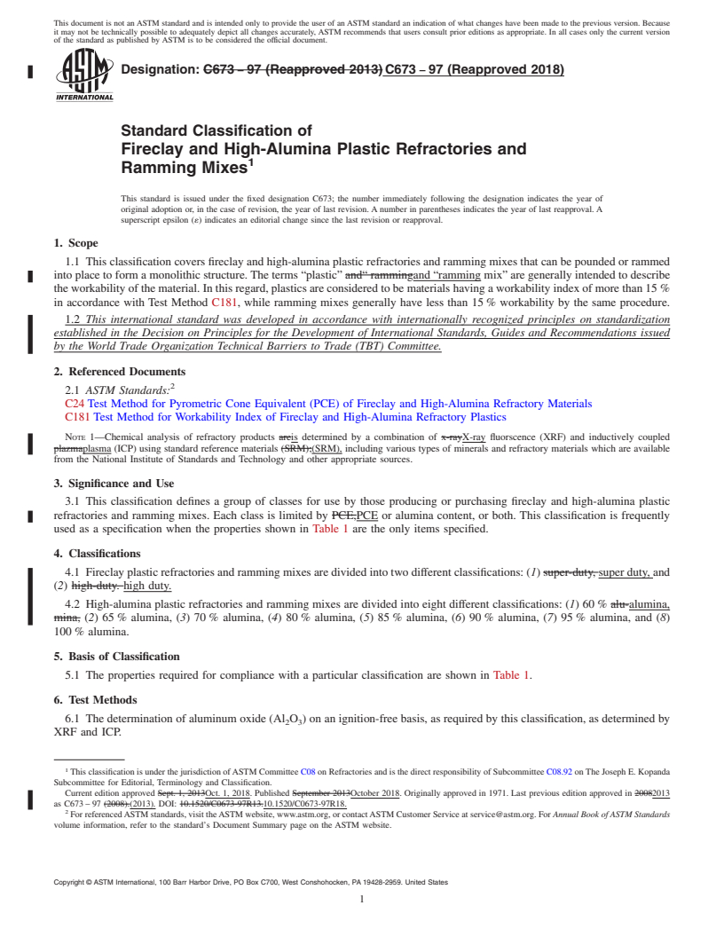 REDLINE ASTM C673-97(2018) - Standard Classification of  Fireclay and High-Alumina Plastic Refractories and Ramming  Mixes