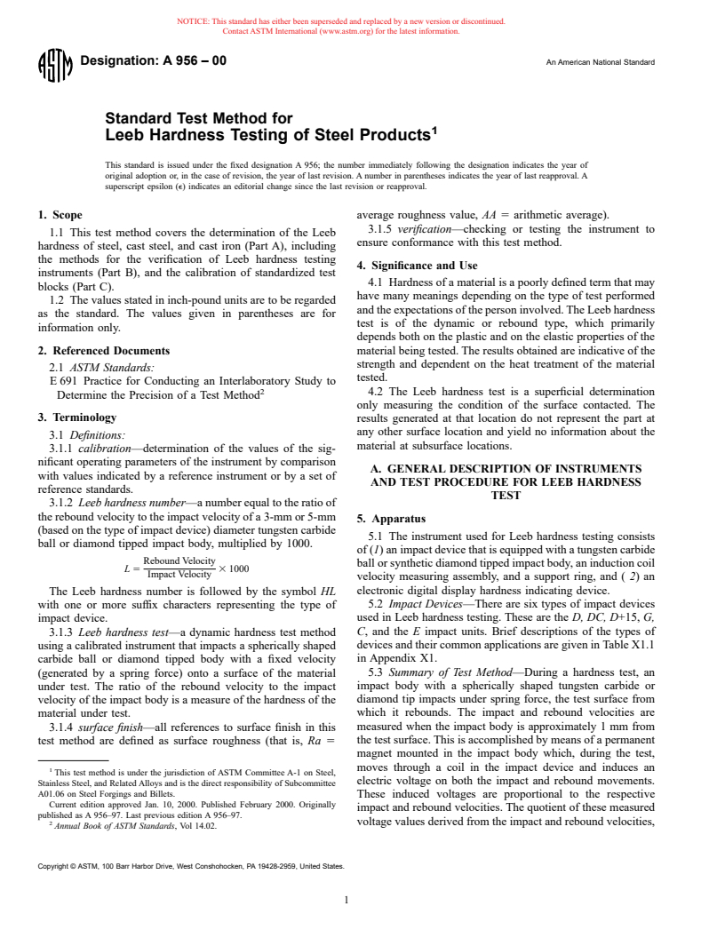 ASTM A956-00 - Standard Test Method for Leeb Hardness Testing of Steel Products