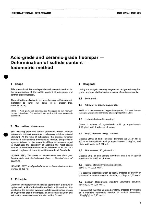 ISO 4284:1988 - Acid-grade and ceramic-grade fluorspar -- Determination of sulfide content -- Iodometric method