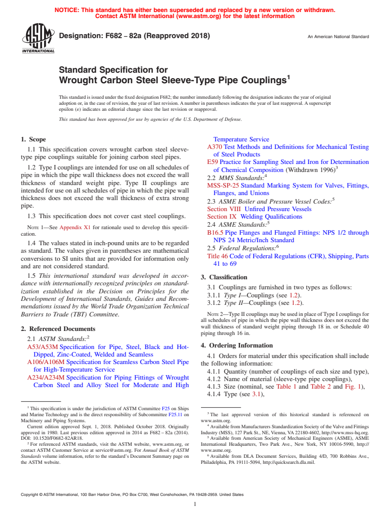 ASTM F682-82a(2018) - Standard Specification for  Wrought Carbon Steel Sleeve-Type Pipe Couplings