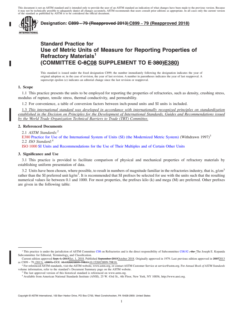 REDLINE ASTM C899-79(2018) - Standard Practice for Use of Metric Units of Measure for Reporting Properties of  Refractory Materials<brk type="line"/>