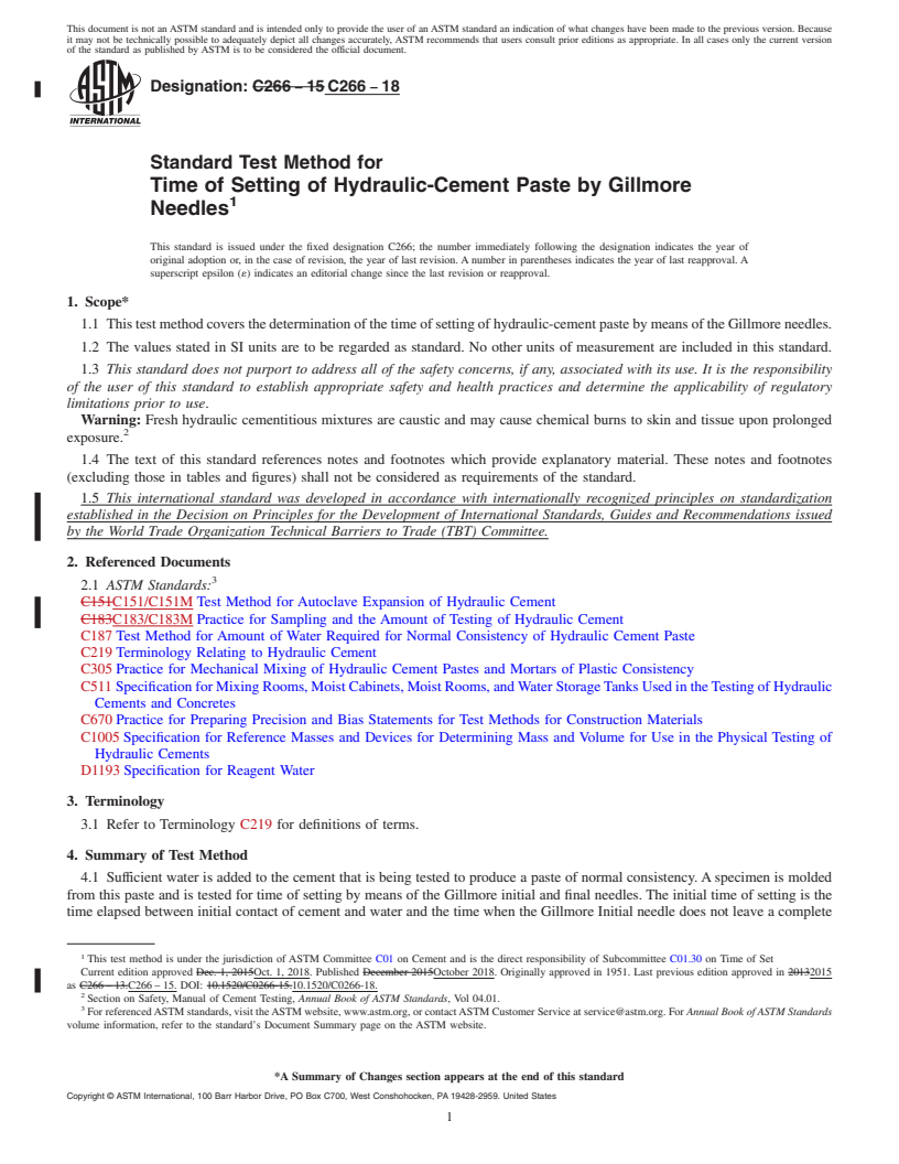 REDLINE ASTM C266-18 - Standard Test Method for  Time of Setting of Hydraulic-Cement Paste by Gillmore Needles