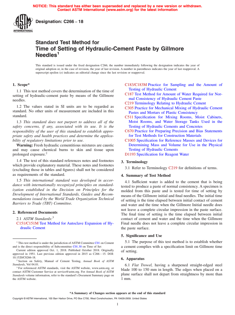 ASTM C266-18 - Standard Test Method for  Time of Setting of Hydraulic-Cement Paste by Gillmore Needles