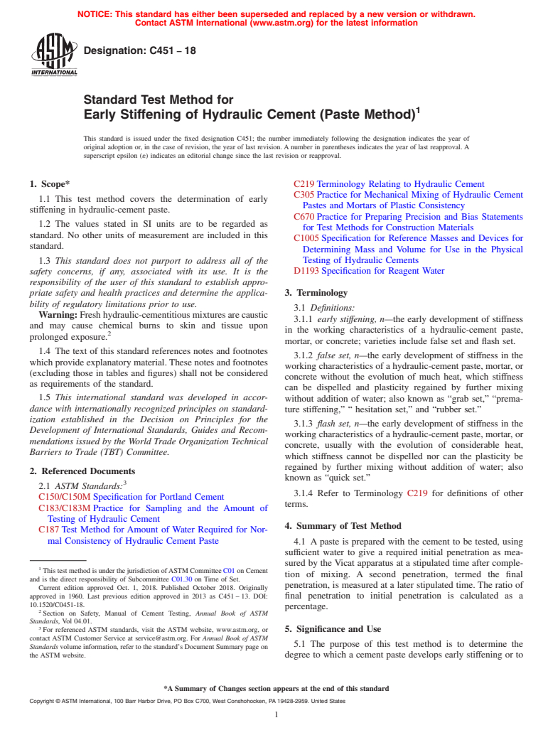 ASTM C451-18 - Standard Test Method for  Early Stiffening of Hydraulic Cement (Paste Method)