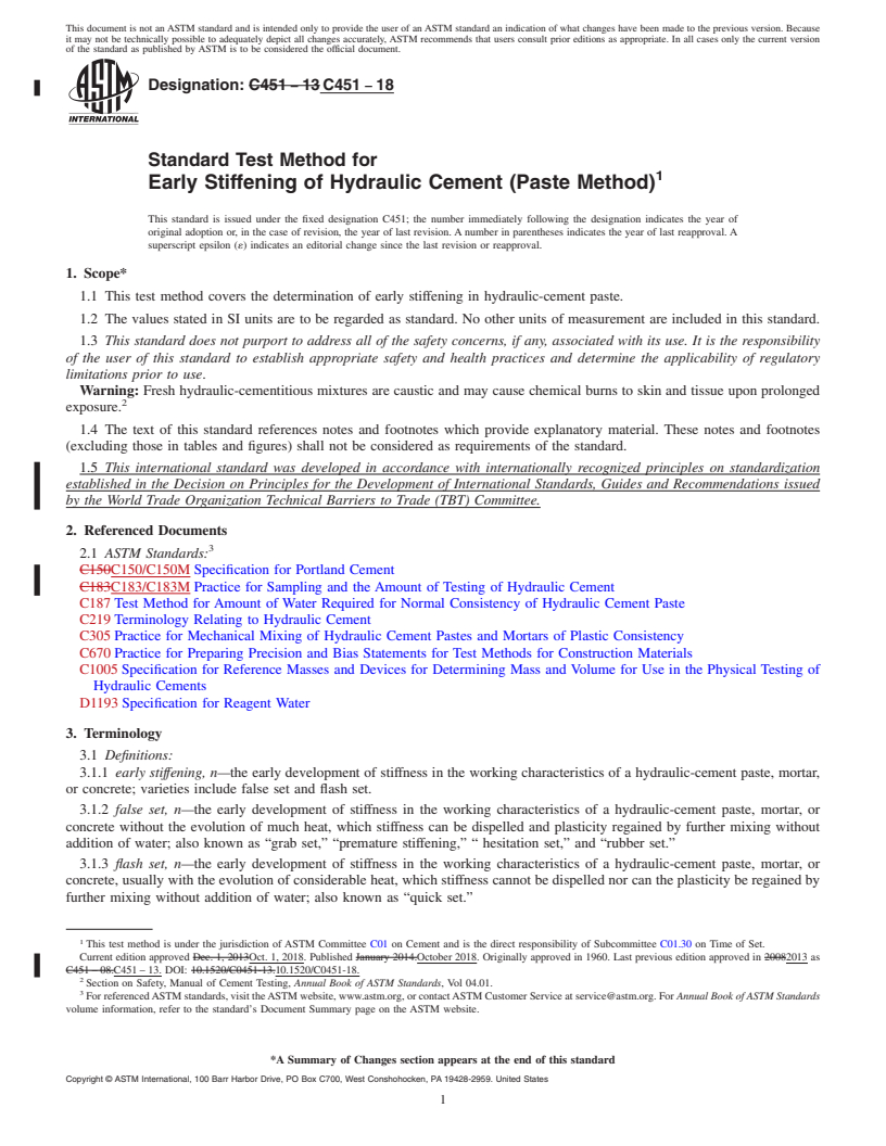 REDLINE ASTM C451-18 - Standard Test Method for  Early Stiffening of Hydraulic Cement (Paste Method)