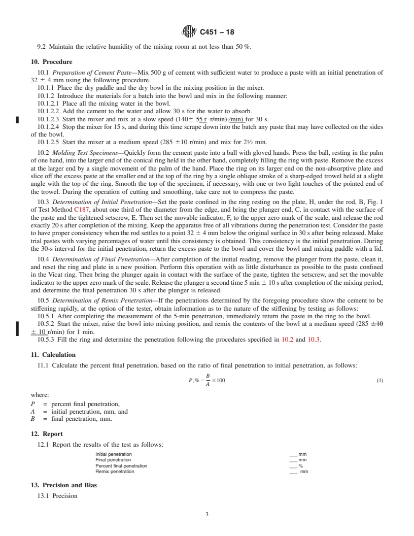 REDLINE ASTM C451-18 - Standard Test Method for  Early Stiffening of Hydraulic Cement (Paste Method)