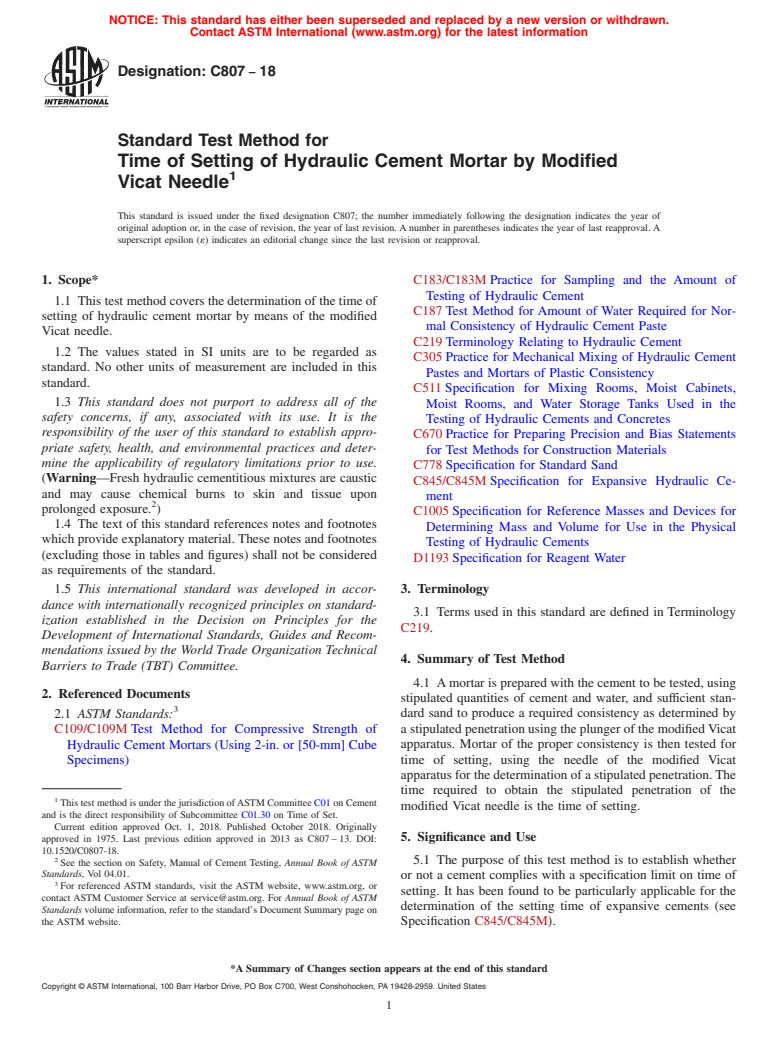 ASTM C807-18 - Standard Test Method for  Time of Setting of Hydraulic Cement Mortar by Modified Vicat  Needle