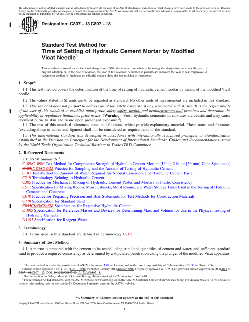 REDLINE ASTM C807-18 - Standard Test Method for  Time of Setting of Hydraulic Cement Mortar by Modified Vicat  Needle