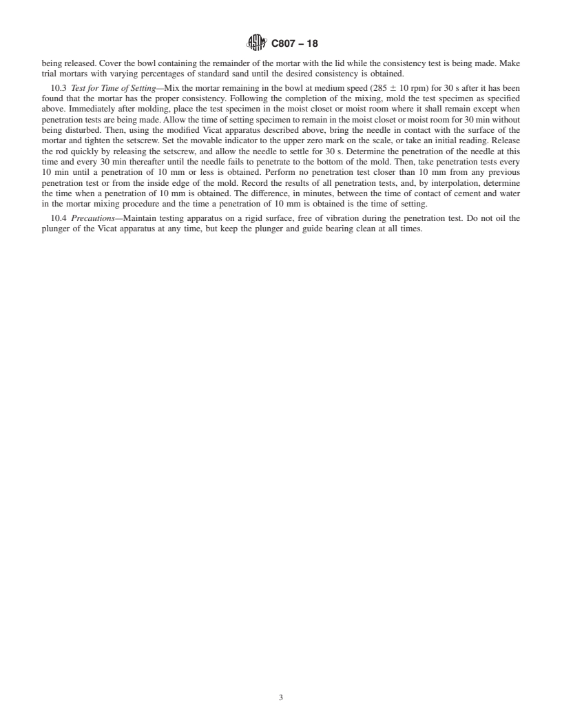 REDLINE ASTM C807-18 - Standard Test Method for  Time of Setting of Hydraulic Cement Mortar by Modified Vicat  Needle