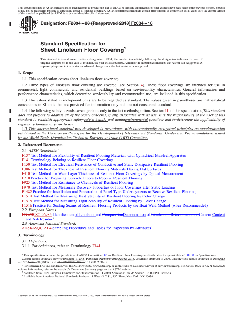 REDLINE ASTM F2034-18 - Standard Specification for  Sheet Linoleum Floor Covering