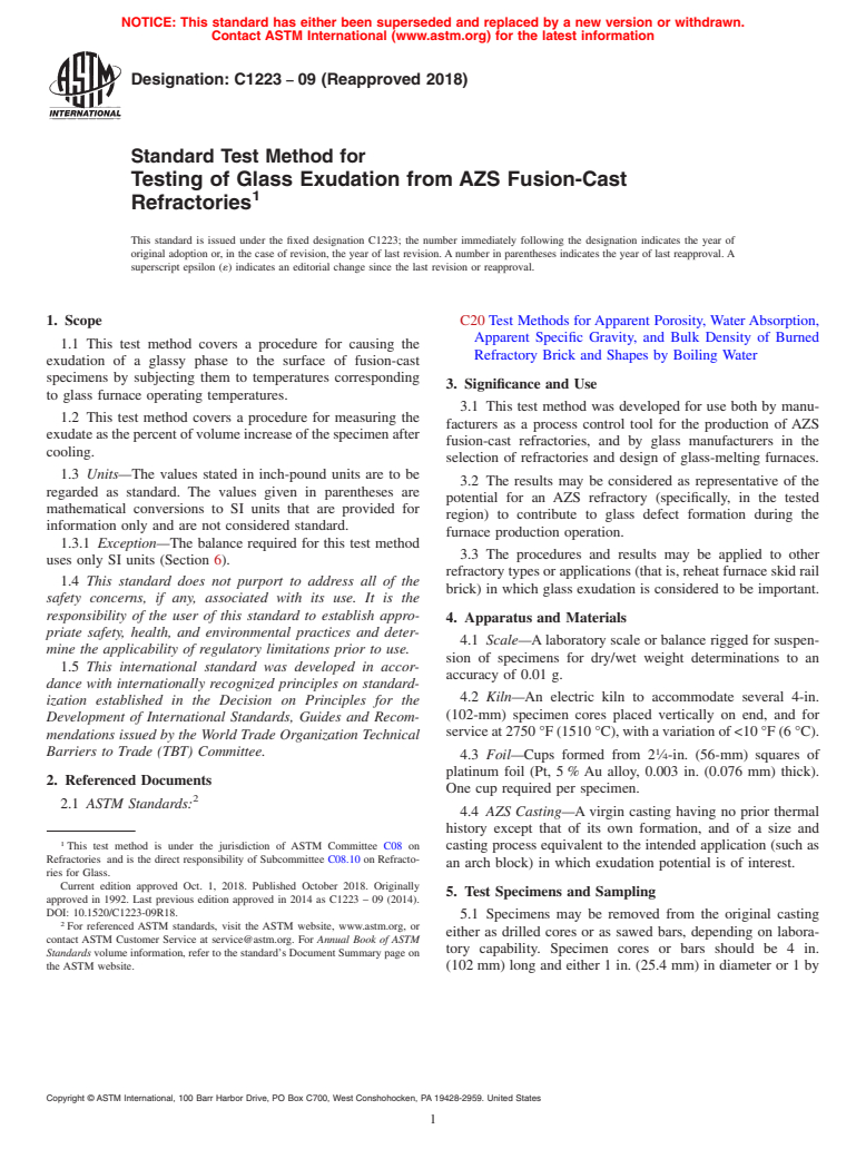 ASTM C1223-09(2018) - Standard Test Method for Testing of Glass Exudation from AZS Fusion-Cast Refractories