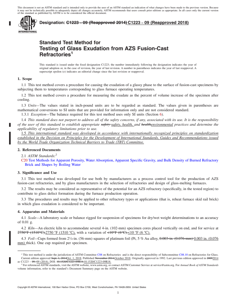 REDLINE ASTM C1223-09(2018) - Standard Test Method for Testing of Glass Exudation from AZS Fusion-Cast Refractories