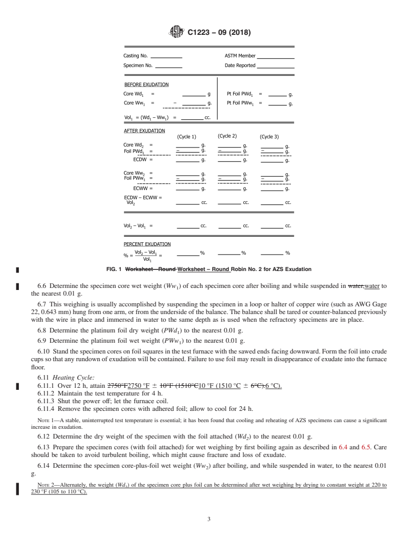 REDLINE ASTM C1223-09(2018) - Standard Test Method for Testing of Glass Exudation from AZS Fusion-Cast Refractories