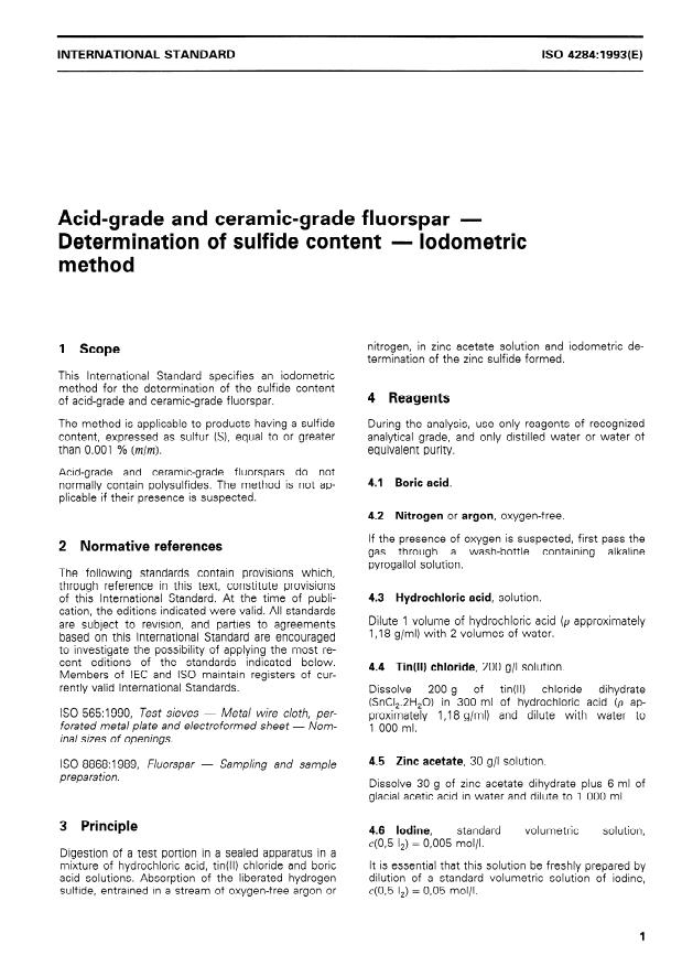 ISO 4284:1993 - Acid-grade and ceramic-grade fluorspar -- Determination of sulfide content -- Iodometric method