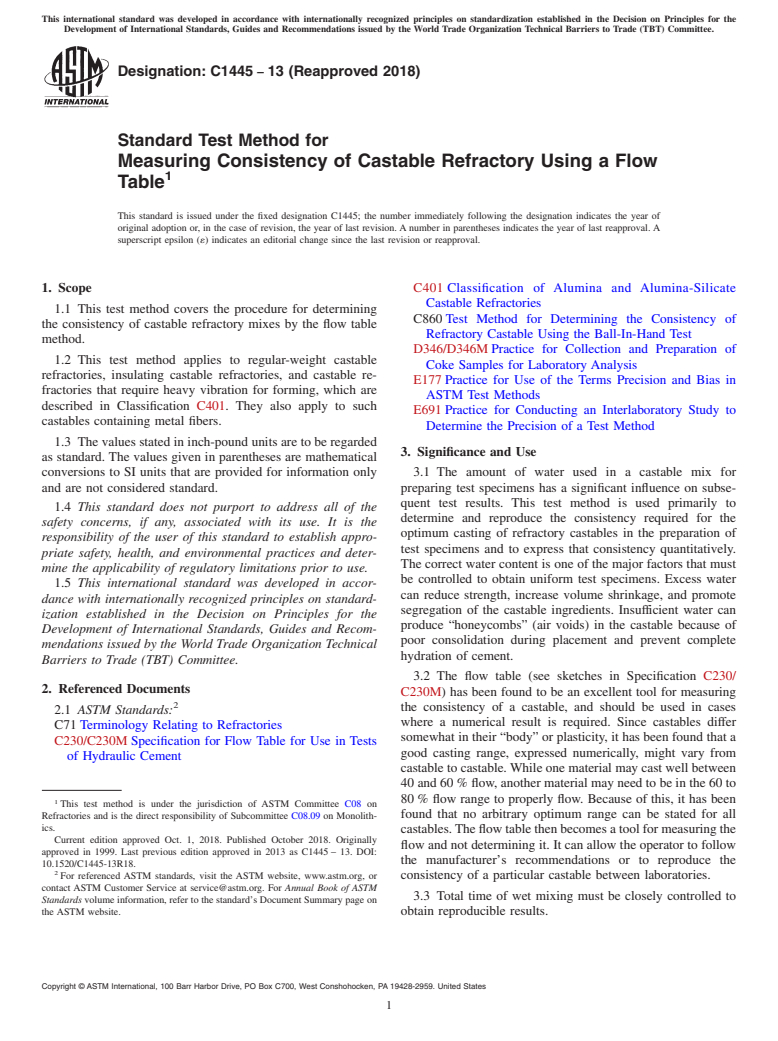 ASTM C1445-13(2018) - Standard Test Method for  Measuring Consistency of Castable Refractory Using a Flow Table