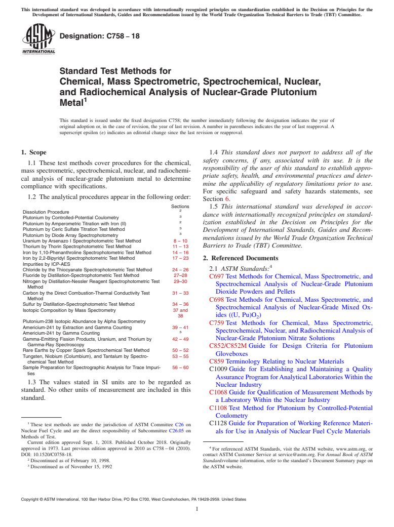 ASTM C758-18 - Standard Test Methods for  Chemical, Mass Spectrometric, Spectrochemical, Nuclear, and  Radiochemical Analysis of Nuclear-Grade Plutonium Metal