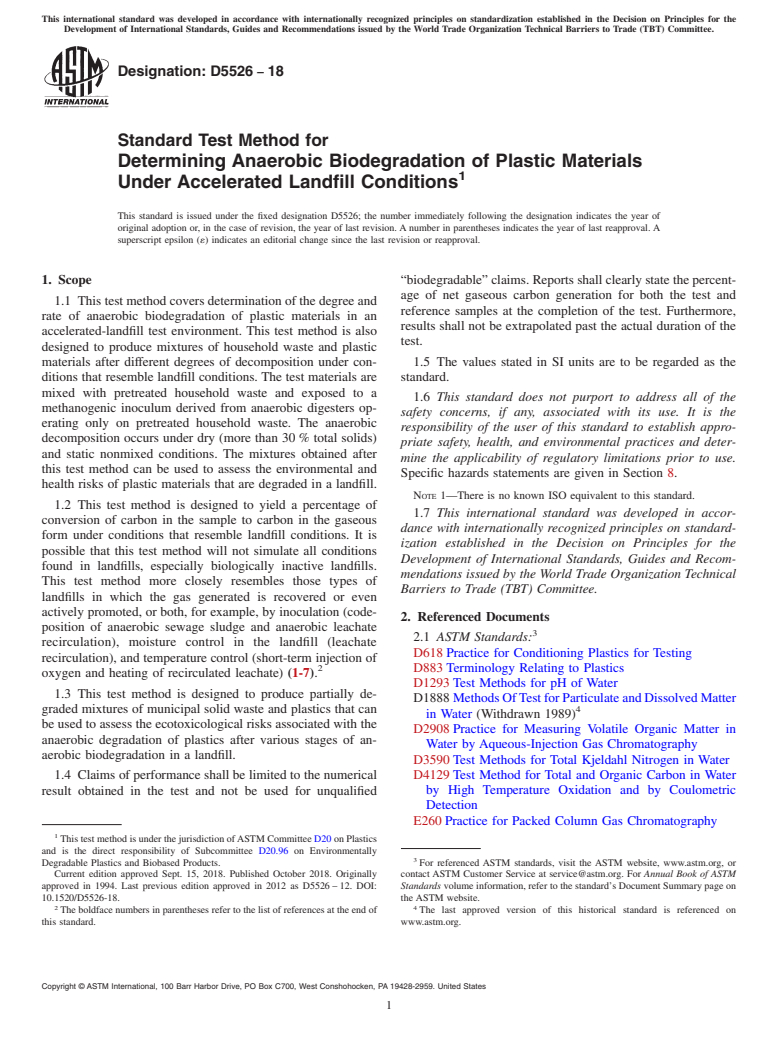 ASTM D5526-18 - Standard Test Method for  Determining Anaerobic Biodegradation of Plastic Materials Under  Accelerated Landfill Conditions