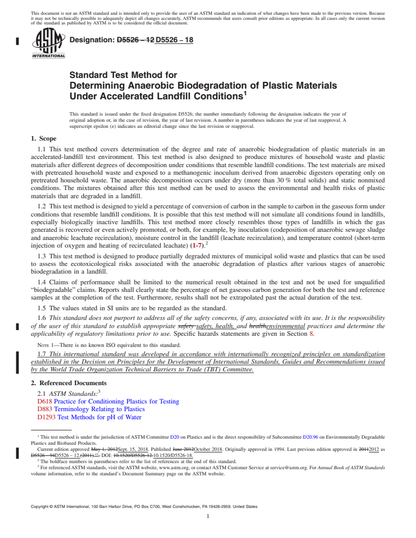 REDLINE ASTM D5526-18 - Standard Test Method for  Determining Anaerobic Biodegradation of Plastic Materials Under  Accelerated Landfill Conditions