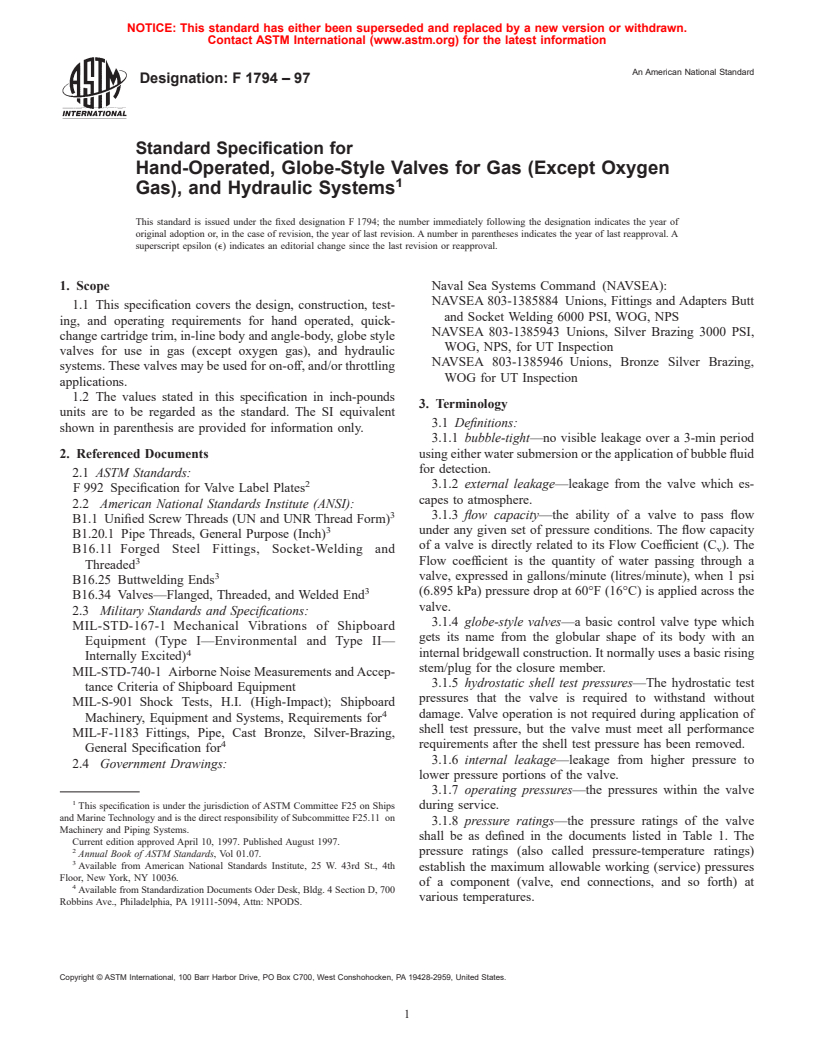 ASTM F1794-97 - Standard Specification for Hand-Operated, Globe-Style Valves for Gas (Except Oxygen Gas), and Hydraulic Systems