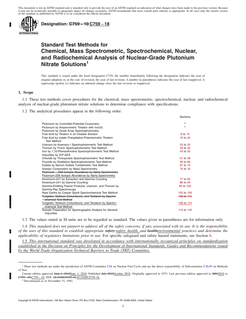 REDLINE ASTM C759-18 - Standard Test Methods for  Chemical, Mass Spectrometric, Spectrochemical, Nuclear, and  Radiochemical Analysis of Nuclear-Grade Plutonium Nitrate Solutions