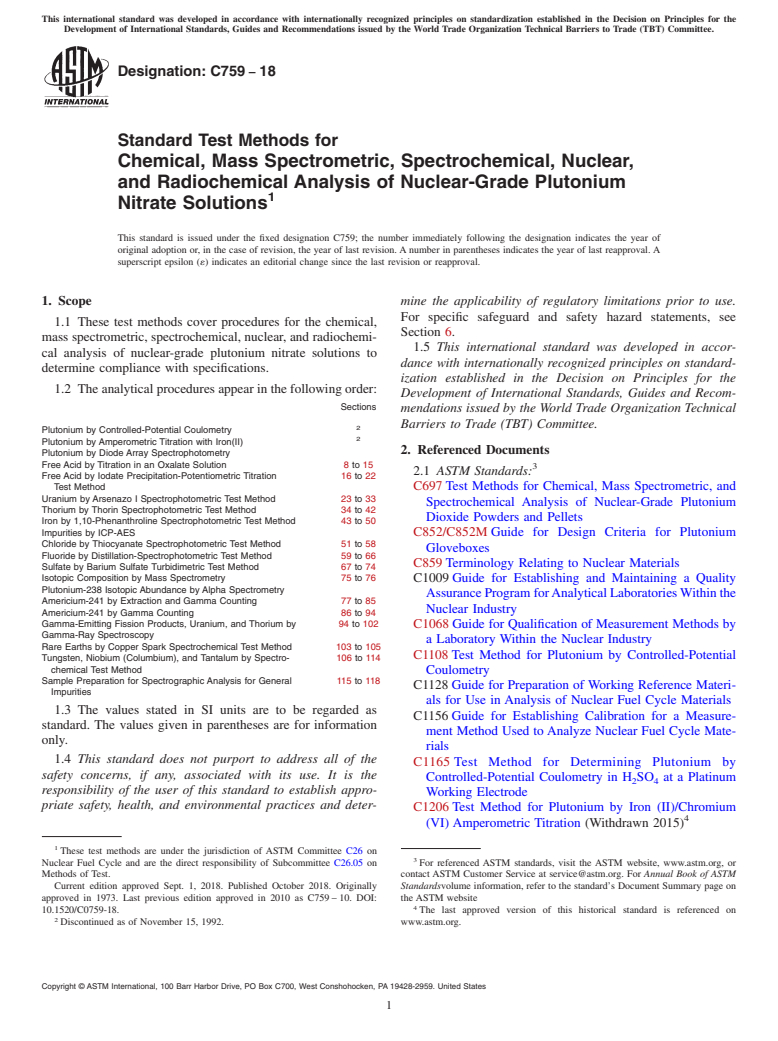 ASTM C759-18 - Standard Test Methods for  Chemical, Mass Spectrometric, Spectrochemical, Nuclear, and  Radiochemical Analysis of Nuclear-Grade Plutonium Nitrate Solutions