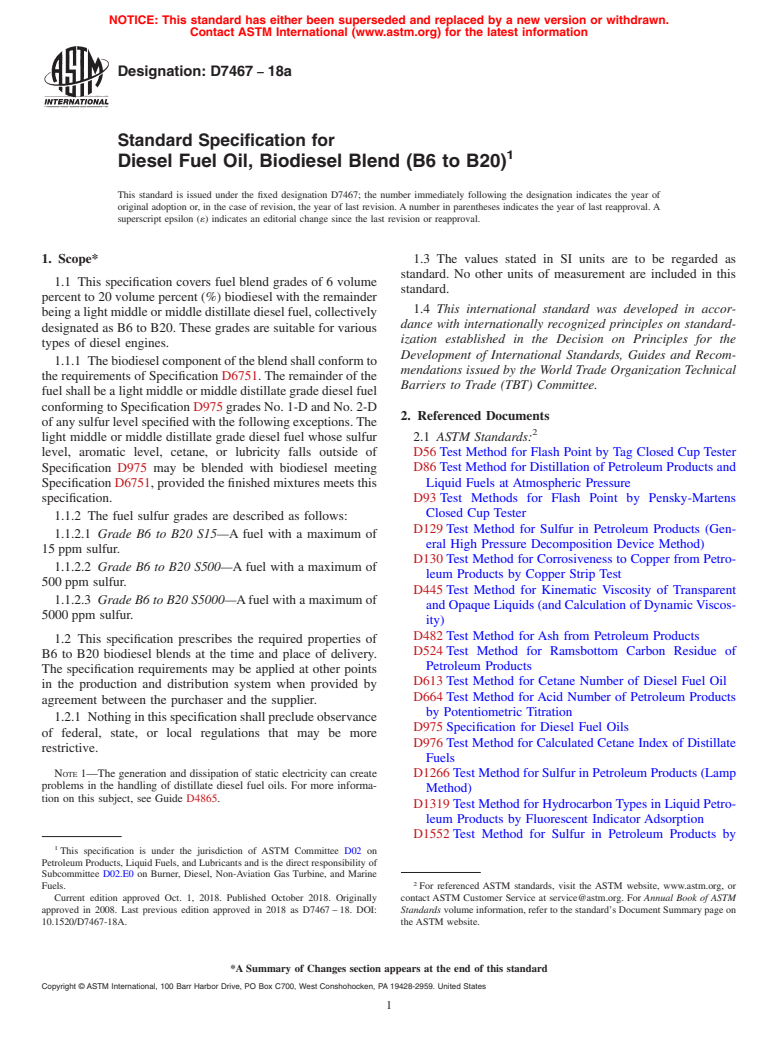 ASTM D7467-18a - Standard Specification for  Diesel Fuel Oil, Biodiesel Blend (B6 to B20)